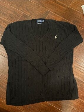 Polo by Ralph Lauren Black Cable-Knit V-Neck Sweater with Embroidered Pony